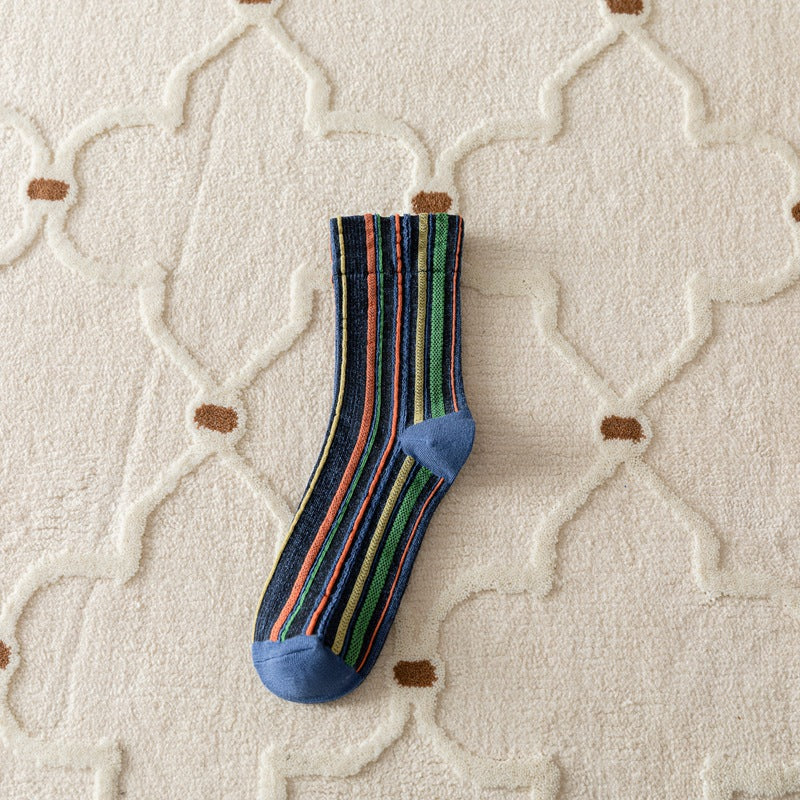 Autumn And Winter Vertical Stripes Retro Color Hem Tube Socks