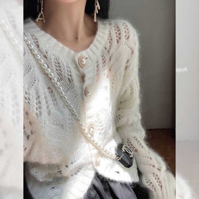 Hulstrikket Mohair Hvid Cardigan