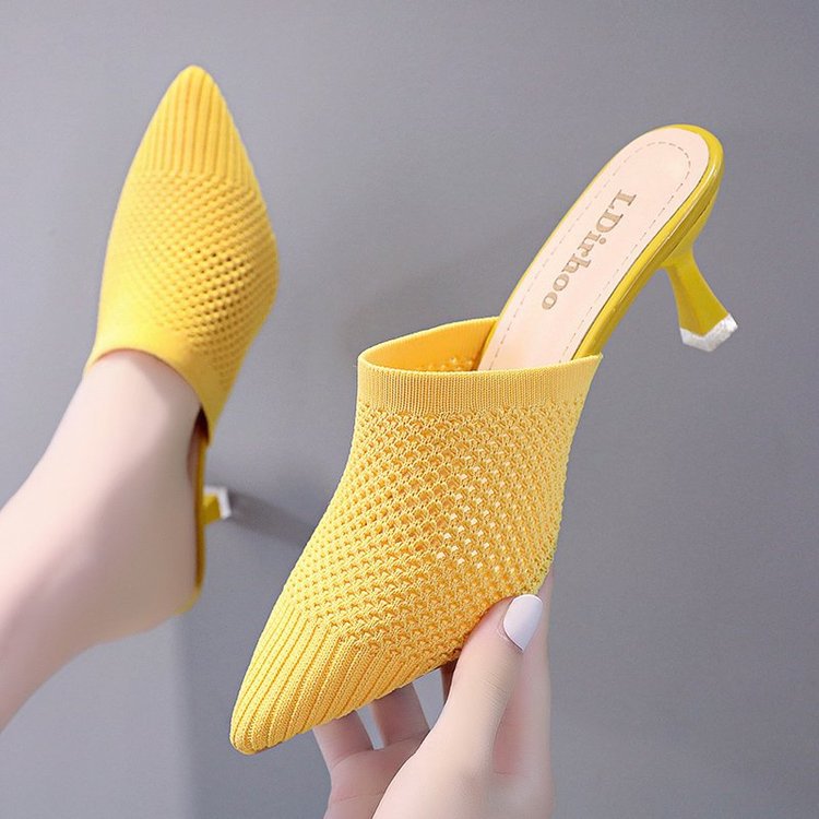 Women's Pointed Mid-heel Flying Woven Sandals And Slippers