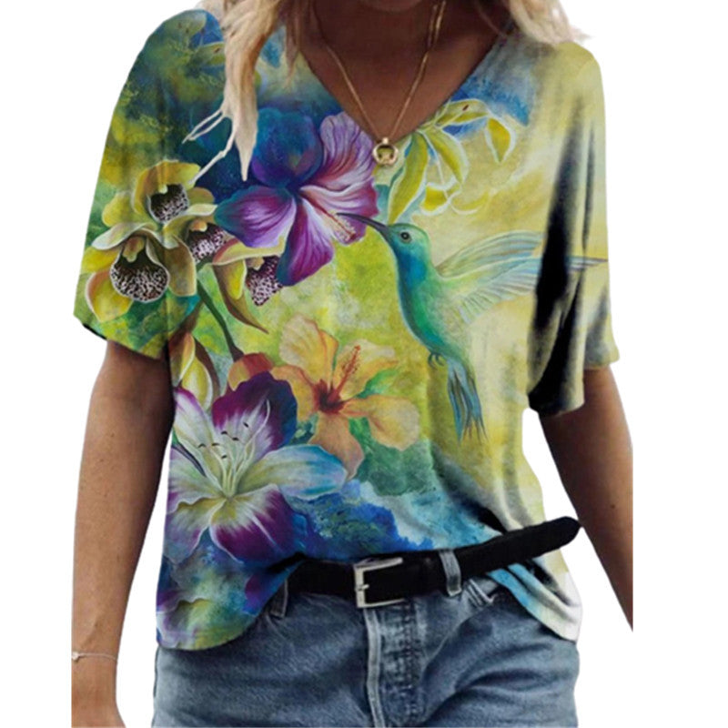 Butterfly Print Short Sleeve V-neck Ladies Loose