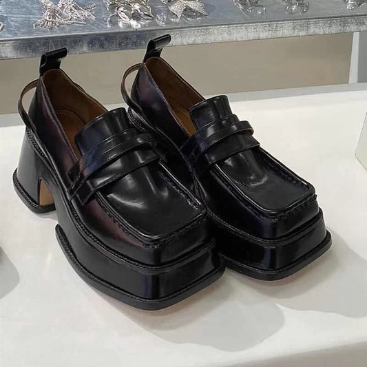 Women's British Style Retro Square Toe Platform Leather Shoes
