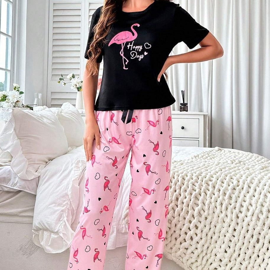 Home Round Neck Printed Short Sleeve T-shirt Top And Trousers Suit