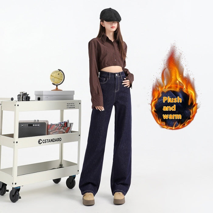 Fleece-lined Thickened Straight Jeans For Women