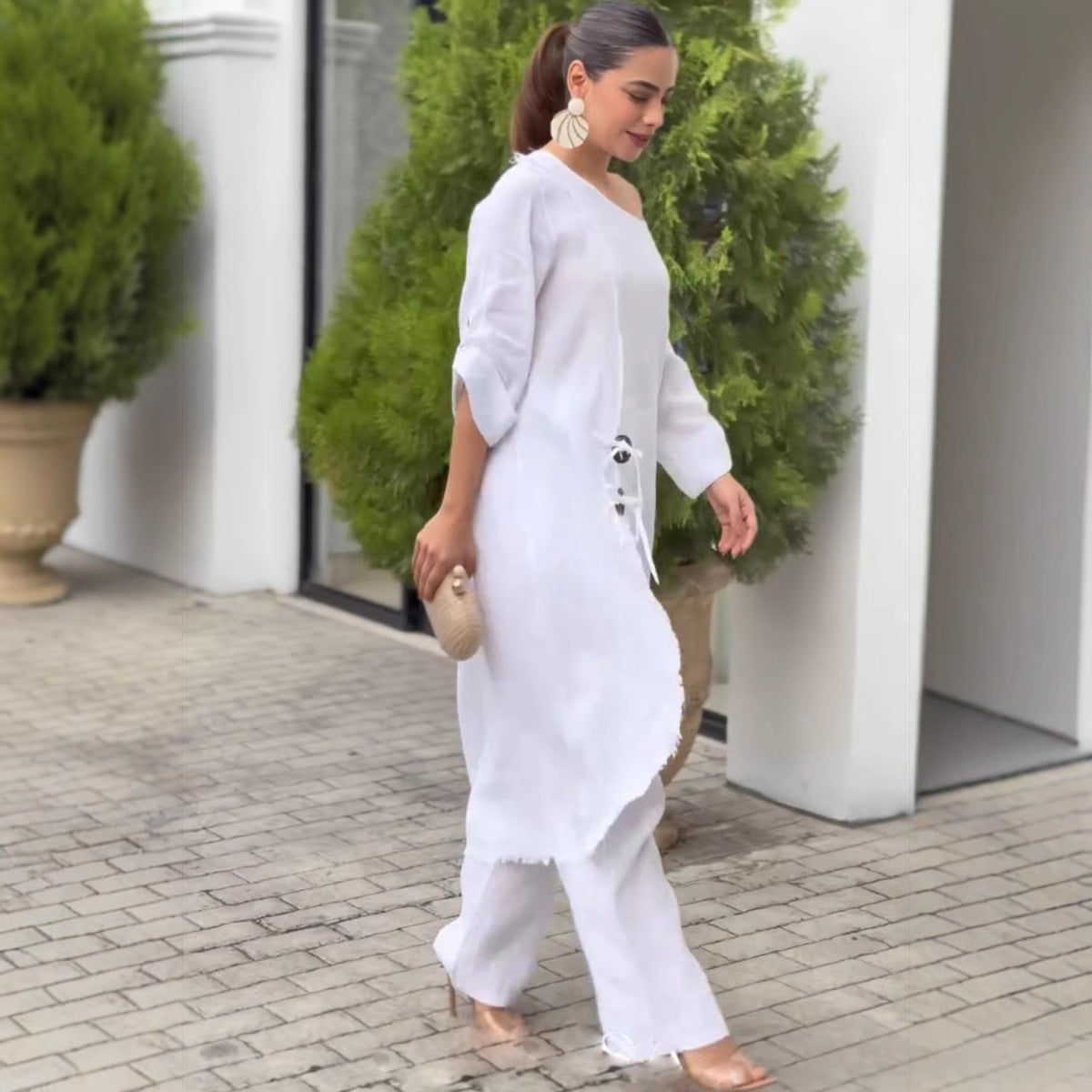 Wooden-button Loose Asymmetrical Robe Set With Long Pants