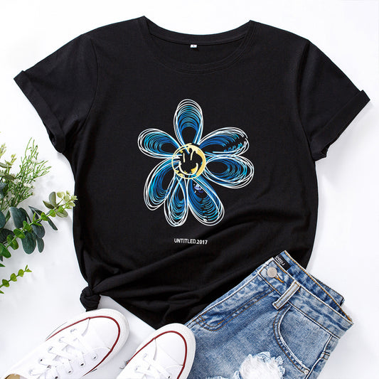 Europæisk og amerikansk bomulds-T-shirt med løs rund hals og kreativt blomstermotiv og korte ærmer