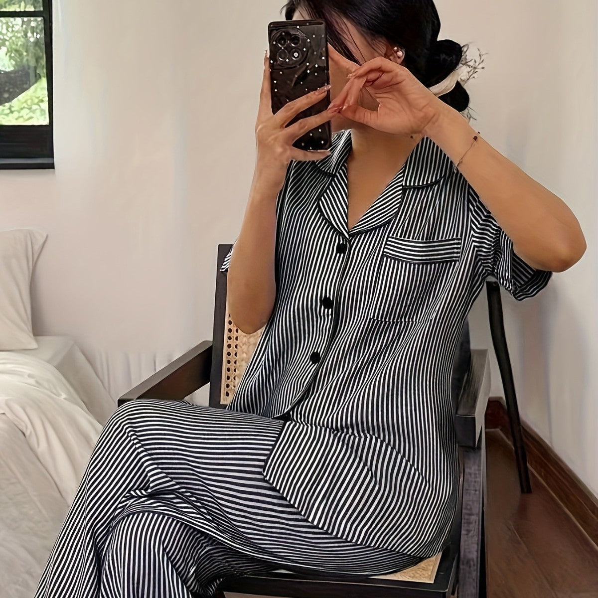 Womens Comfortable Striped Short-Sleeve Top And Pants Pajama Set