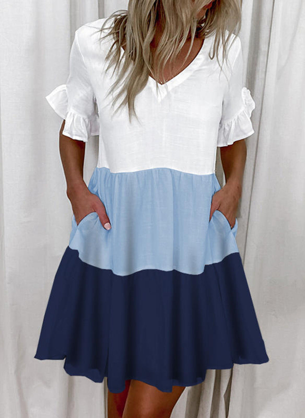 Fashion Printed Ruffle Pocket Short Dress