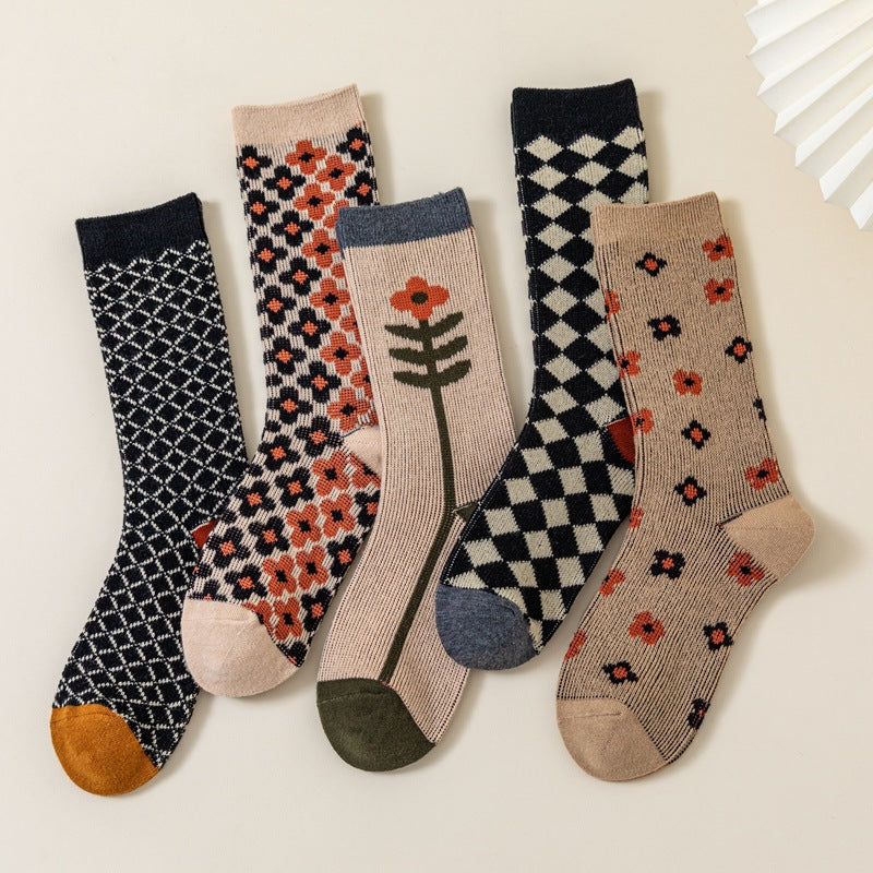 Trendy Retro Double Needle Diamond Plaid Socks