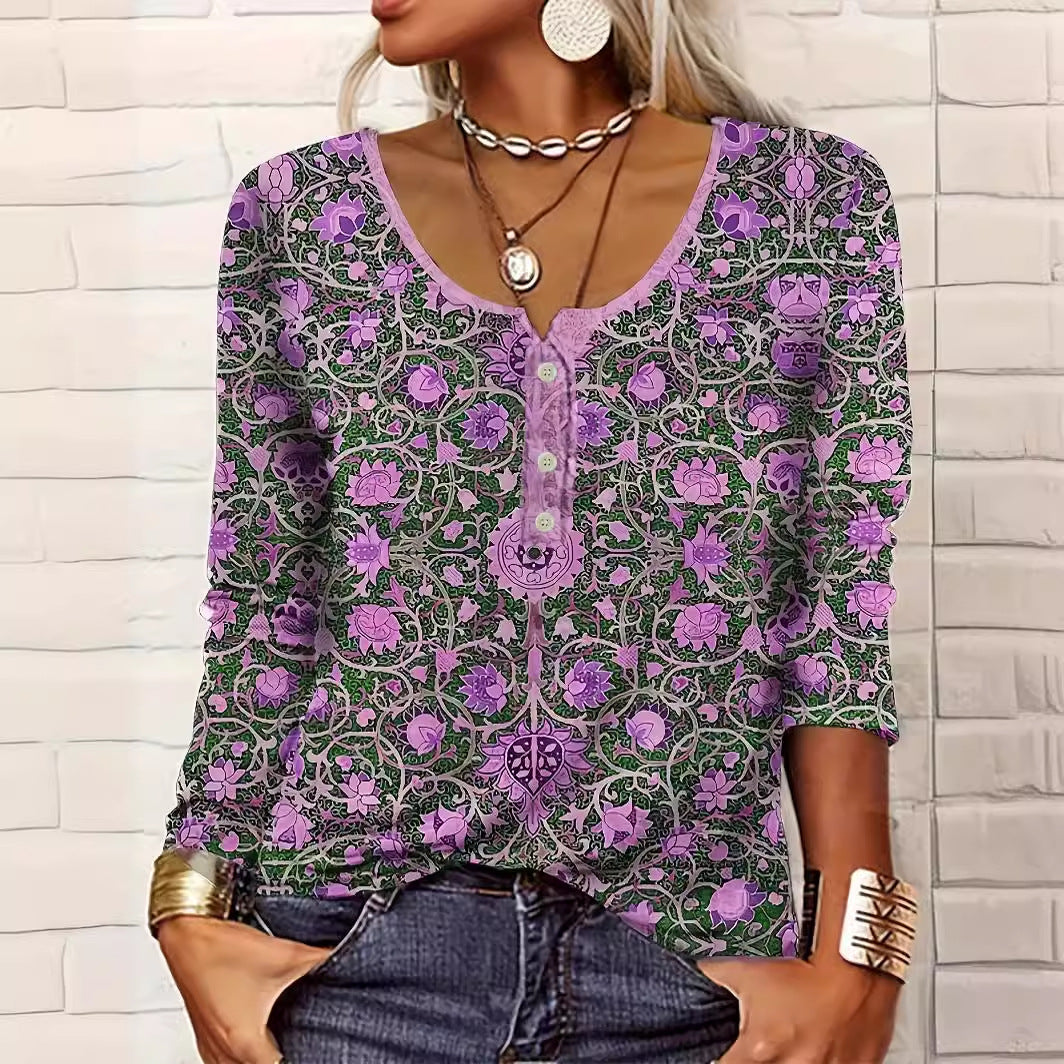 Women's V-neck Ethnic Print Plus Size T-shirt