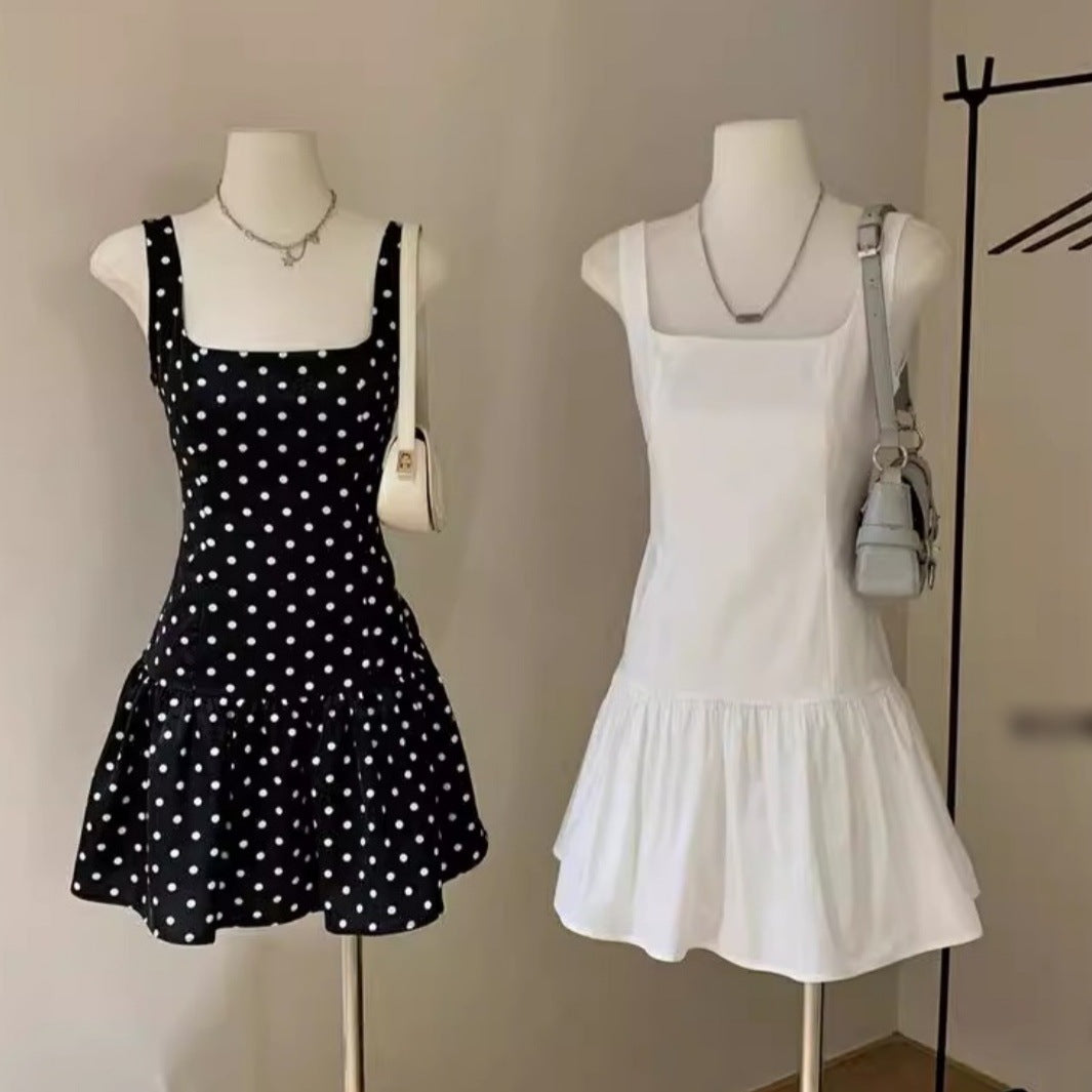 Versatile Polka-dot Waist-cinching Backless Slip Dress