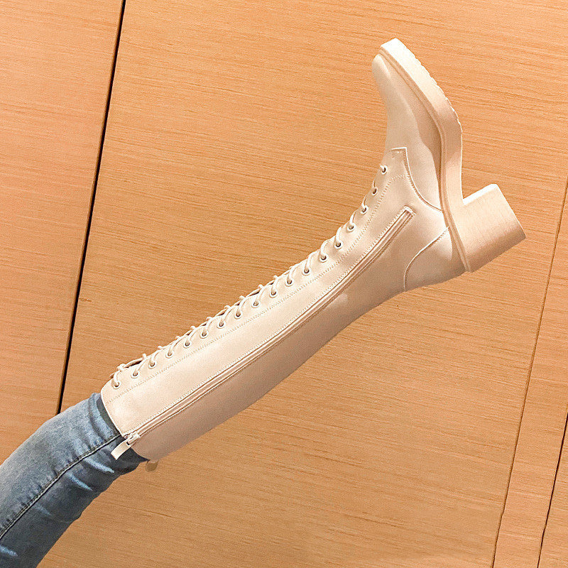 Women's Knee High Heel Zipper Front Boots And Suede Leather