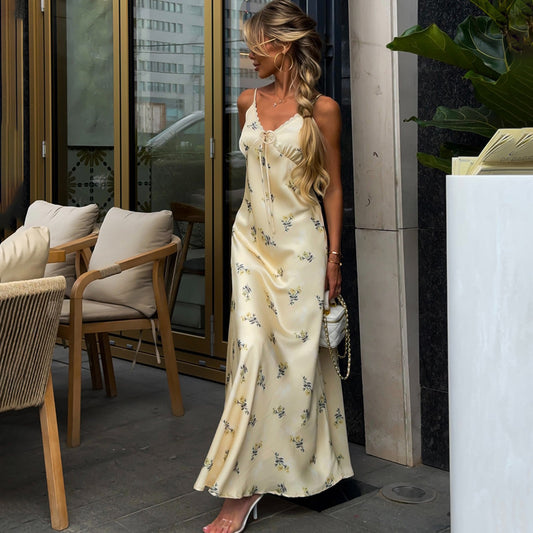 Womens European And American-style French Slip Dress With A Floral Print