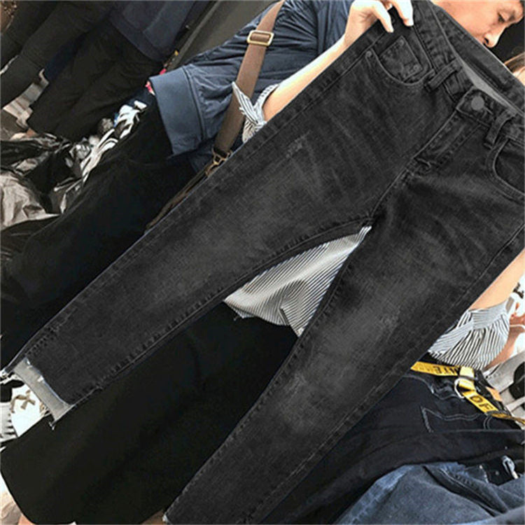 Korean Version Of Plus Size Jeans Women'S Fat Mm High Waist Stretch Slimming Straight-Leg Pants Nine-Point Pants