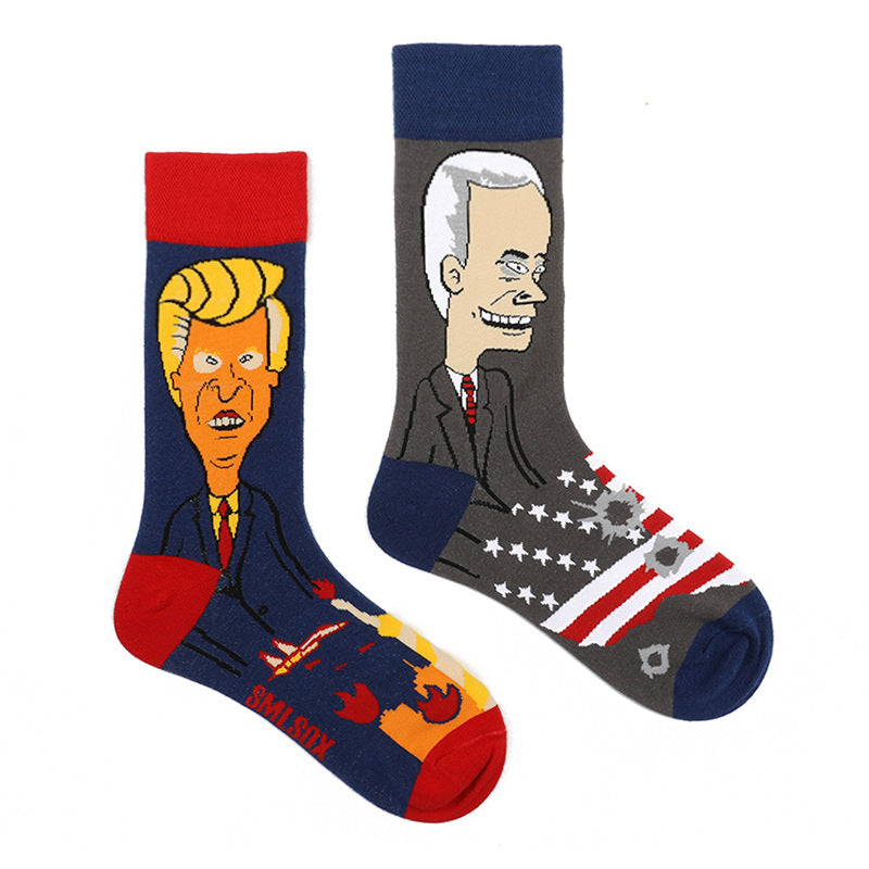 Asymmetrical Color Retro Personality Male And Female Couple Mid-length Cotton Socks