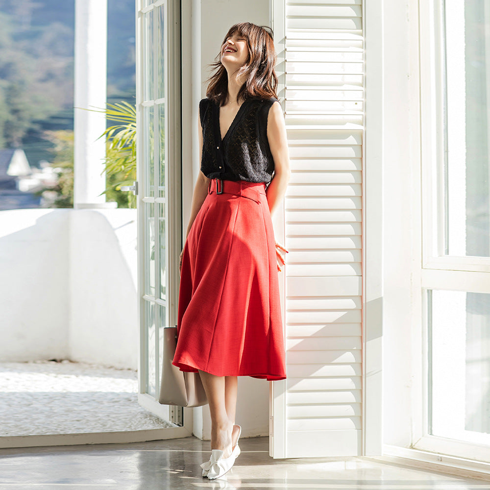 Roman Holiday Retro Temperament A- Line Umbrella Skirt Mid-length