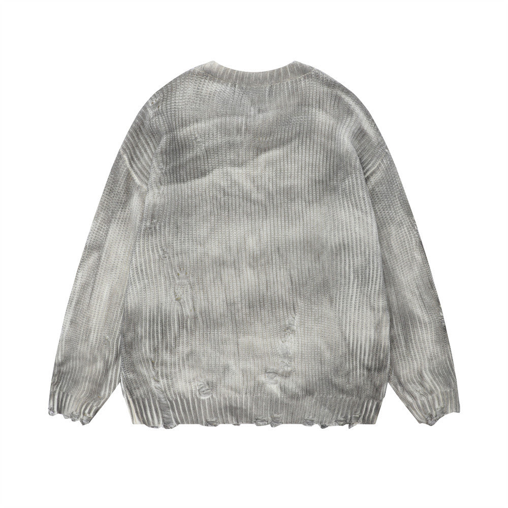 Distressed Dirty Round Neck Men's Spring And Autumn Sunken Stripe Twist Crocheted Ripped Pullover Sweater