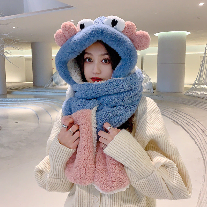 Winter Cute Crab Scarf Gloves Three-in-one Plus Velvet Thickened One-piece Hat