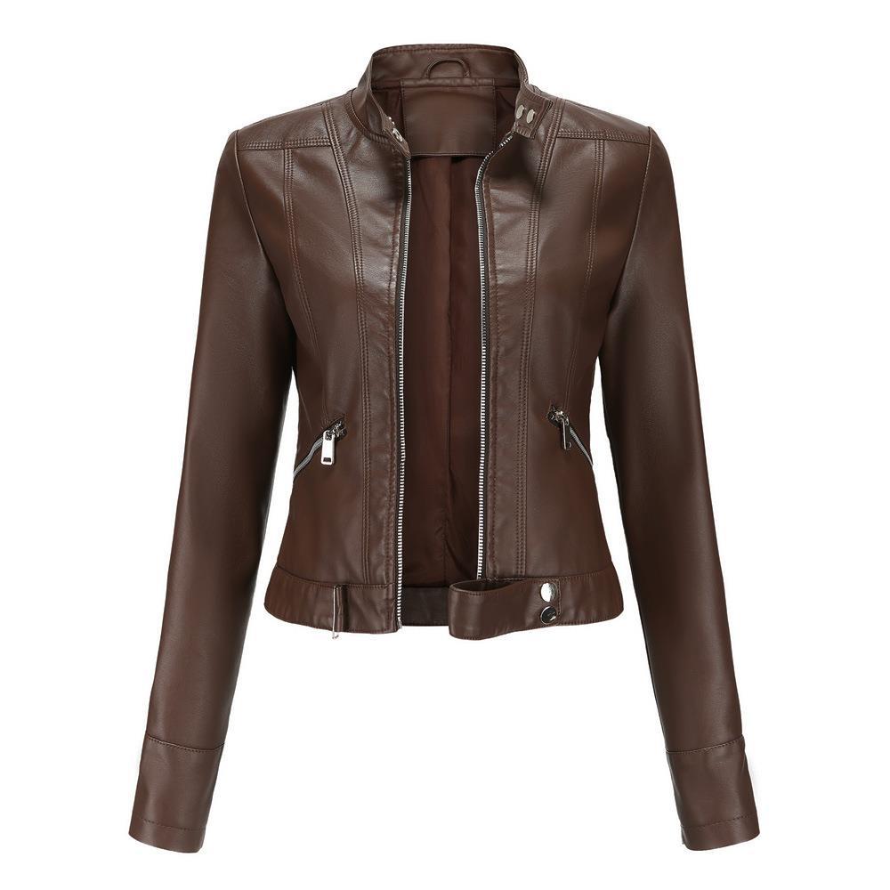 Veste courte en cuir pour femme avec col montant, fine