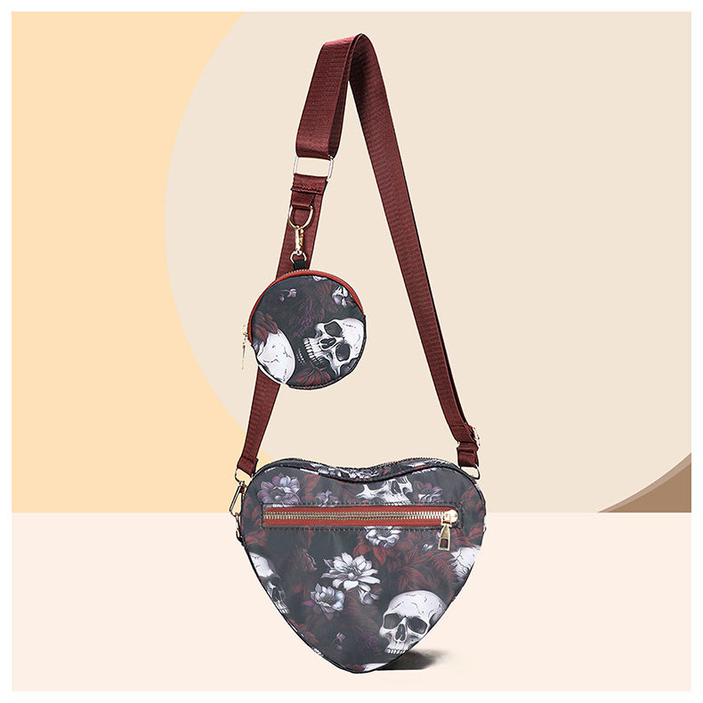 Skull Flower Printed Waterproof Oxford Cloth Large Capacity Versatile Shoulder Bag Detachable Coin Purse