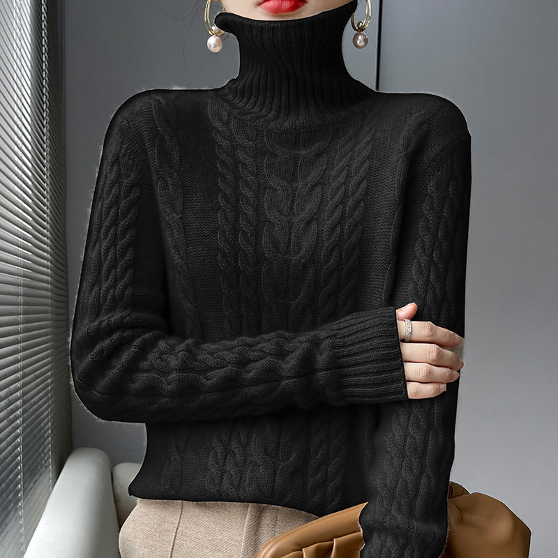Kabelstrikket rullekrave-sweater, ensfarvet, alsidig dame-pullover med blidt temperament