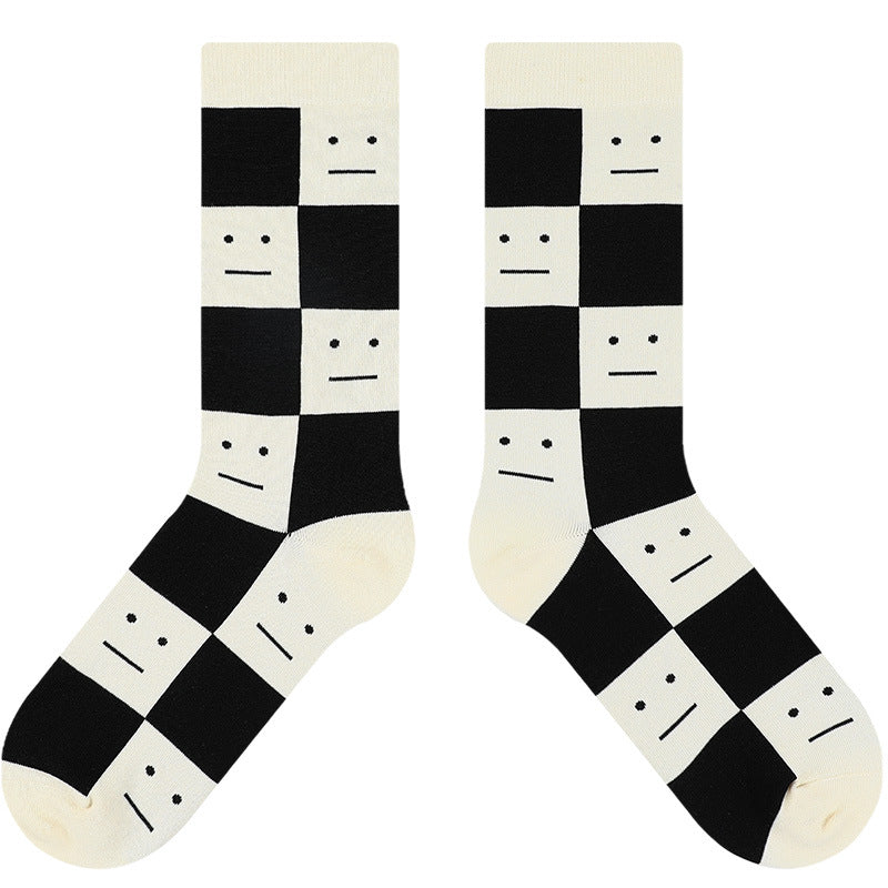Black And White Plaid Simple And Stylish Casual Middle Tube Cotton Socks