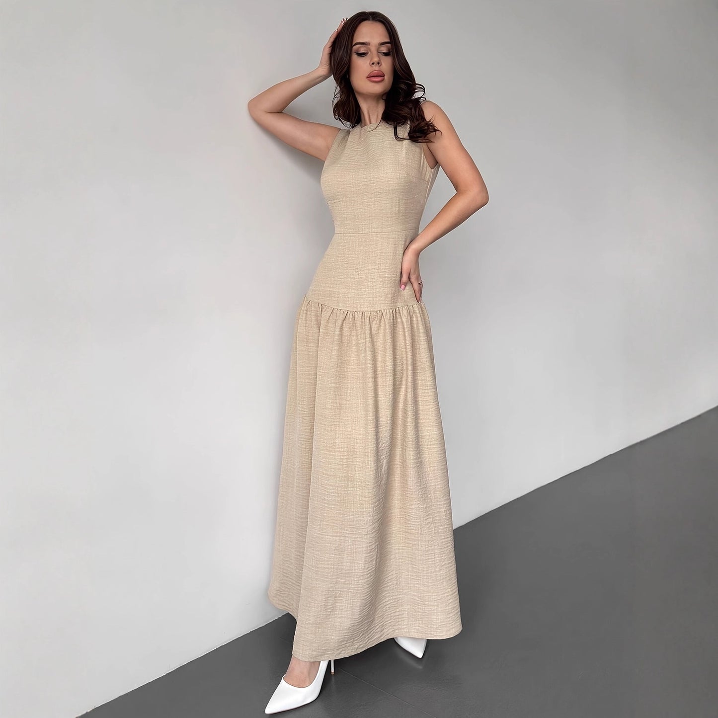 Elegant Ærmeløs Maxikjole til Kvinder i Vintage Linned