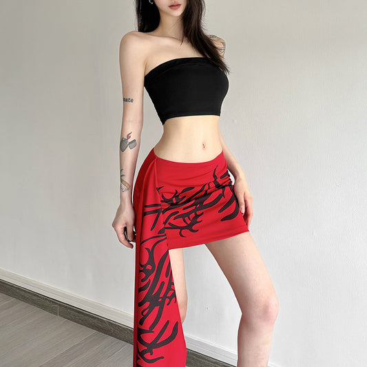 New Womens High-waisted Figure-flattering Asymmetrical Skirt With A Trendy Print