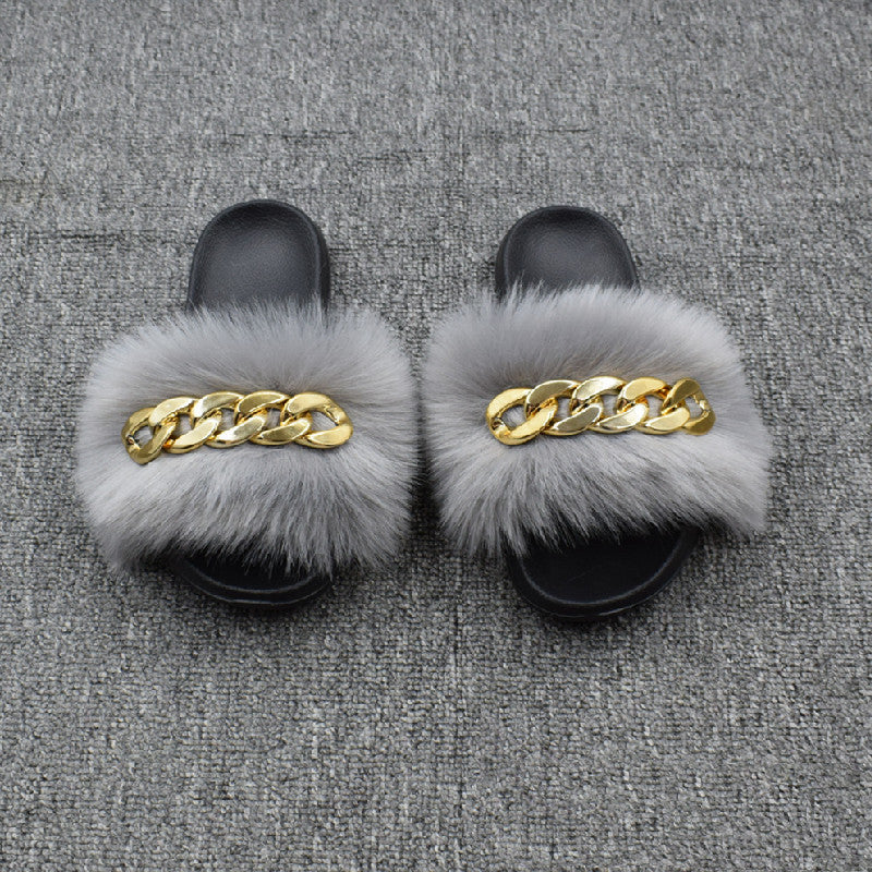 Fur Fur Slippers Chain Faux Fur Flip Flops