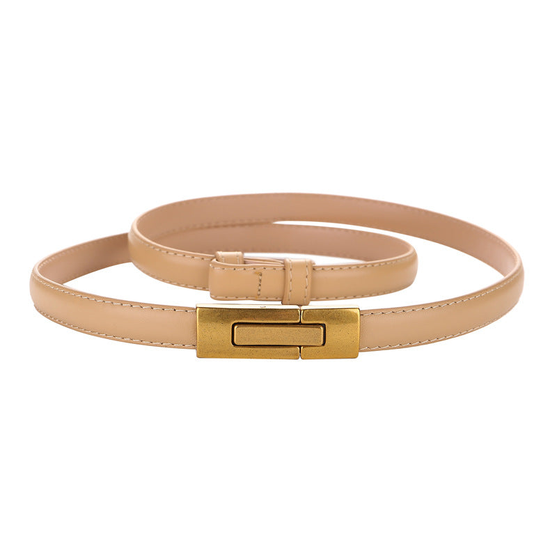 Women's Leather Thin Belt First Layer Cow Leather Button