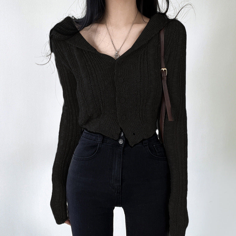 Retro V-hals Enkeltradet Langærmet Kort Strikket Cardigan Top