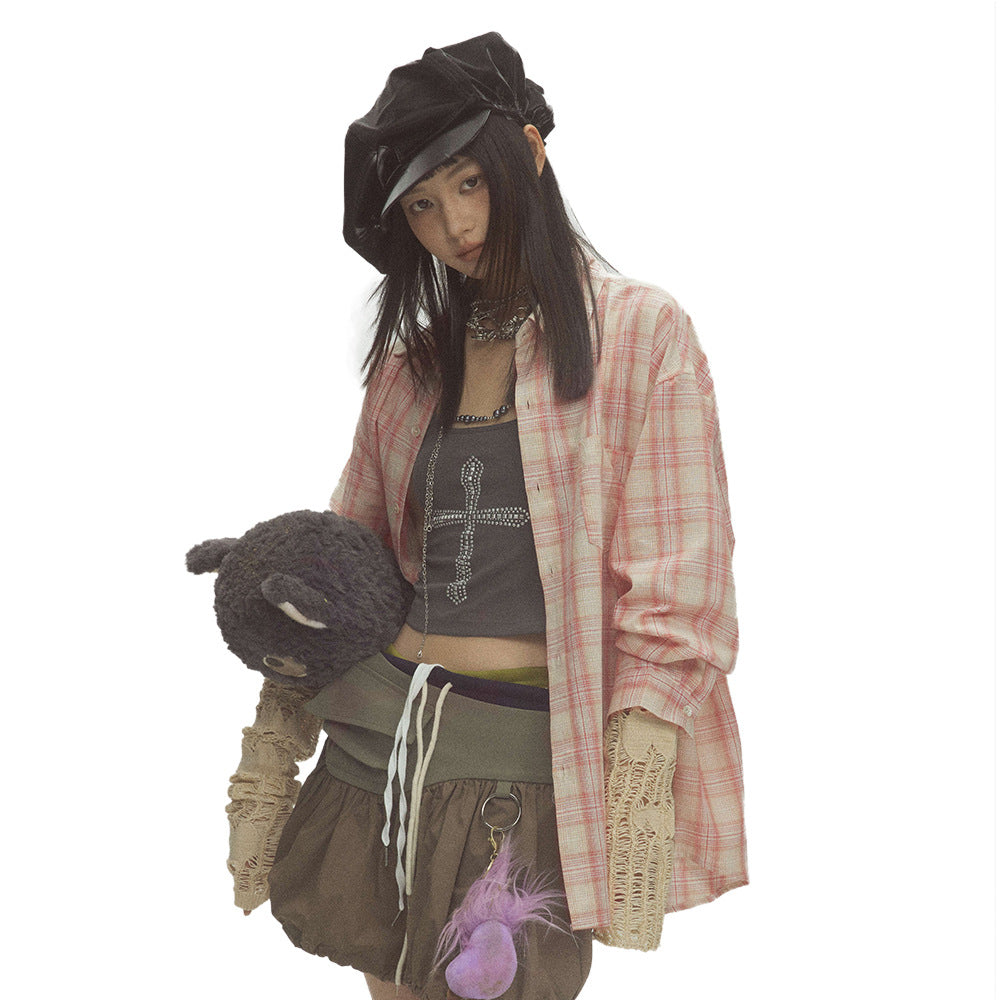 Irregular Pocket Personality Design Loose Plaid Shirt High Street Tide