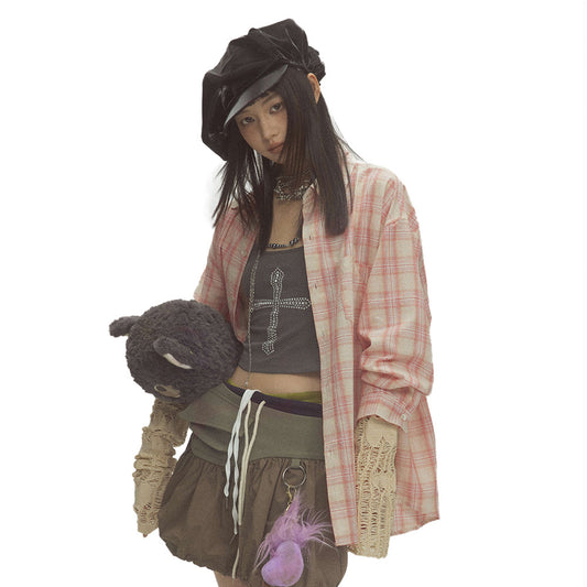 Irregular Pocket Personality Design Loose Plaid Shirt High Street Tide