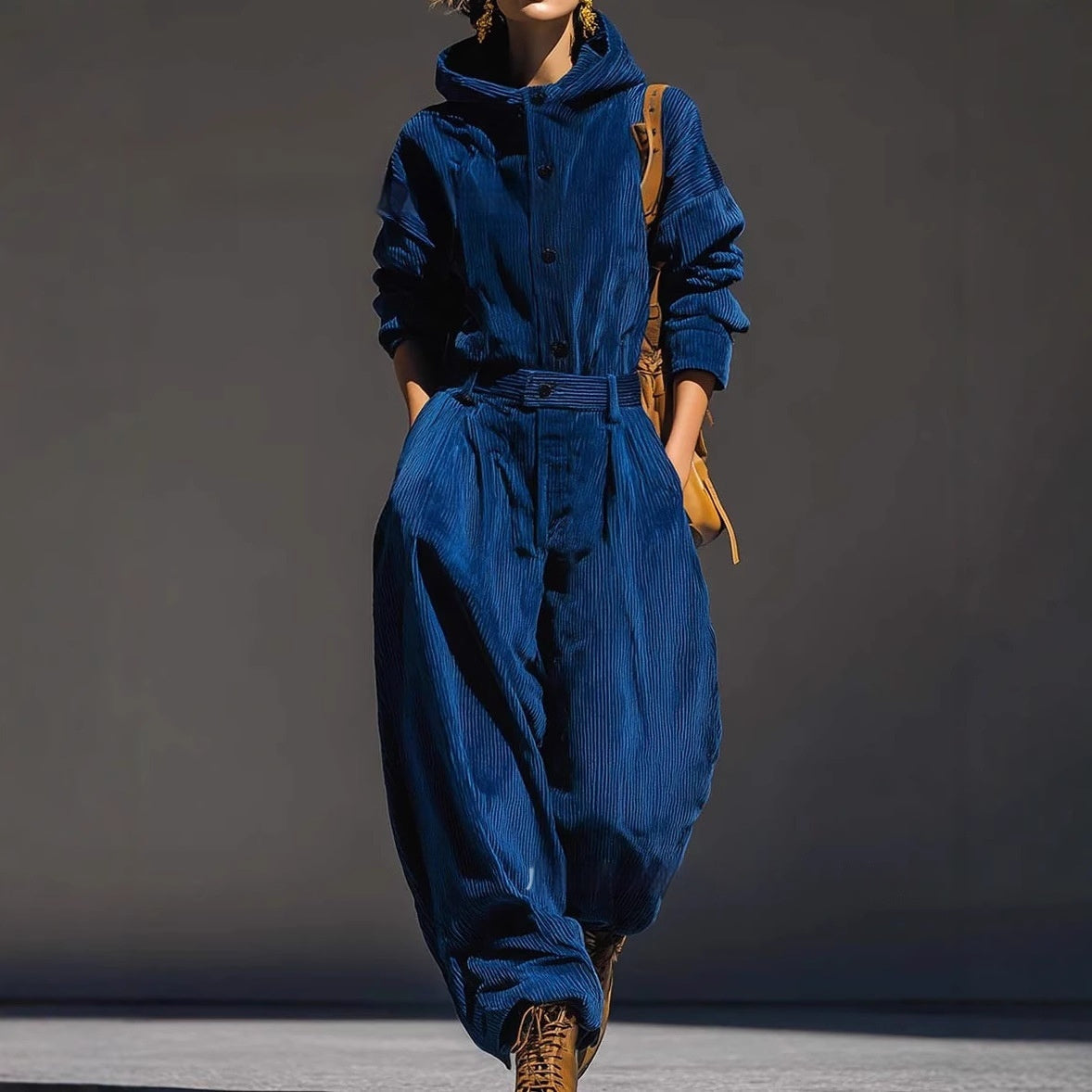 Blue Corduroy Hooded Top And Wide-leg Pants Set