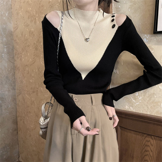 Women's Fake Two-piece Contrast Color Design Sweater