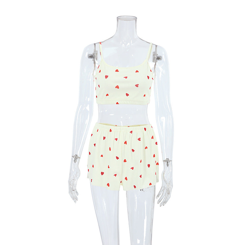 Printed Camisole And Ribbed Pajama Set For Women
