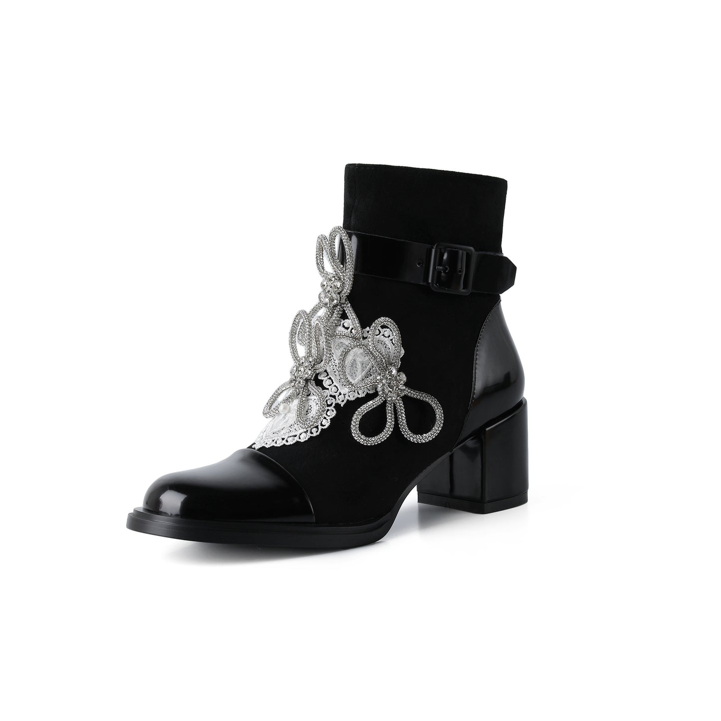 Rhinestone Bowknot Flower Thick Heel Short Boots