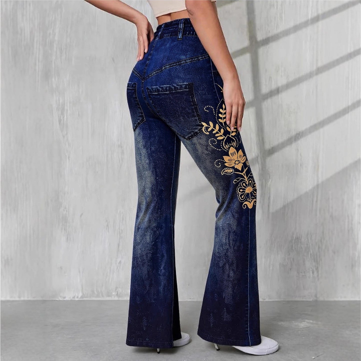 High-waisted Stretchy Faux Denim Pants With A Printed Design