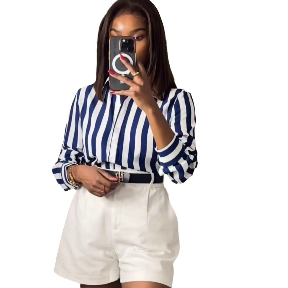 Fashionable And Versatile Blue Striped Shirt