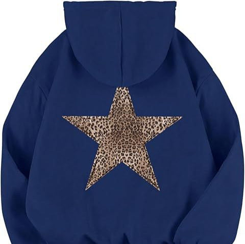 Womens Leopard-Print And Star-Print Hooded Casual Long-Sleeve Top