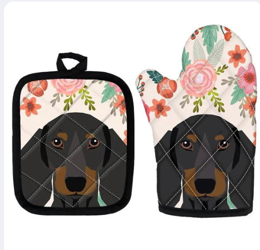 Cute Pug Print Insulated Oven Mitt And Trivet Set 2 Pieces