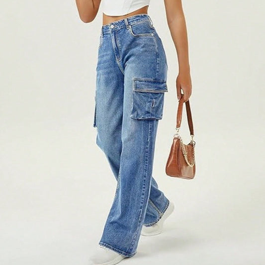 Stilfulde, unikke denimjeans med lige ben med klap og overdimensionerede lommer