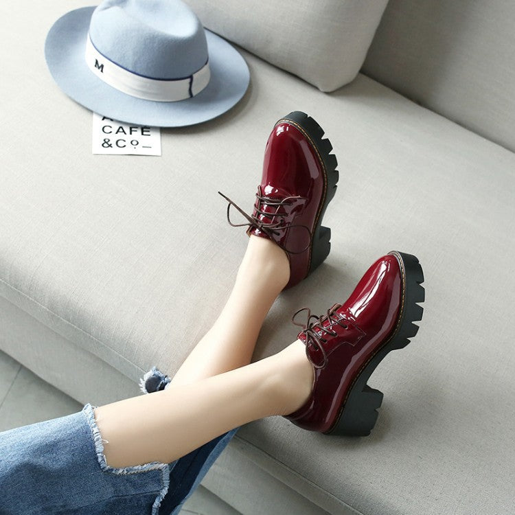 British Style Patent Leather Thick-soled Lace-up Leather Shoes