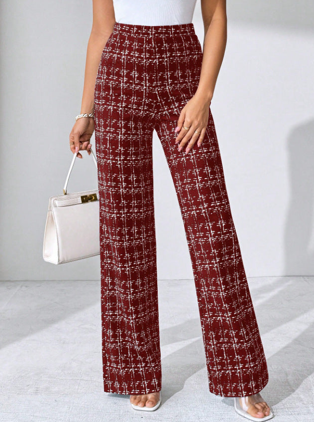 Woven Plaid High Waist Straight Women's Pants