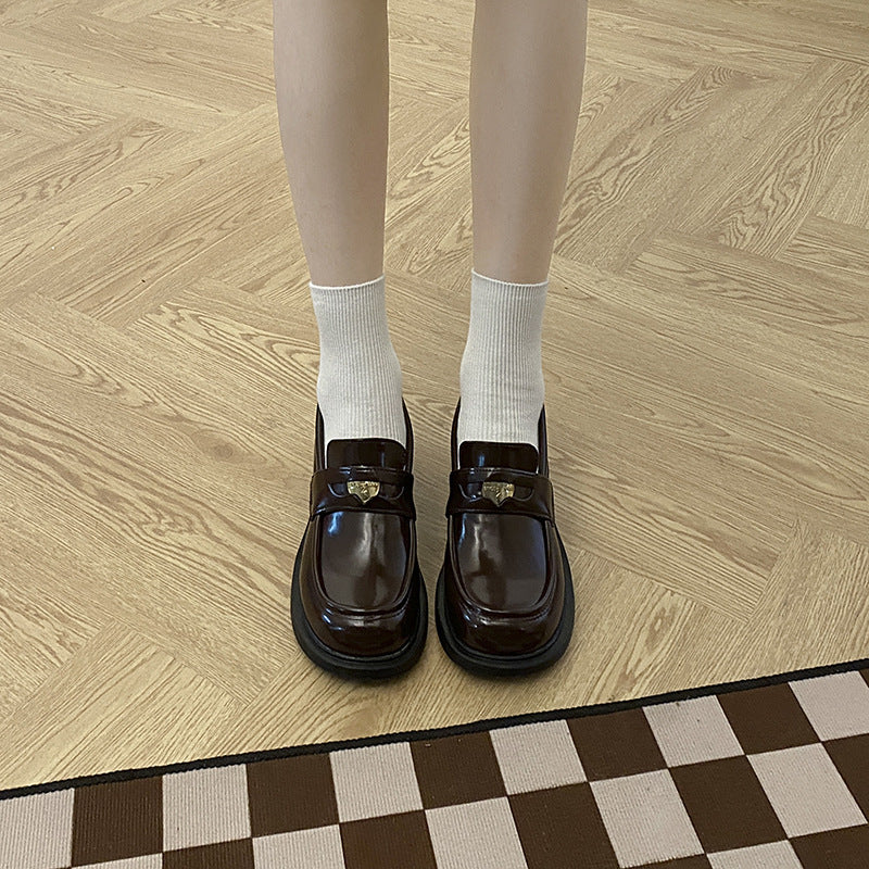New Autumn And Winter Small Height Increasing Chunky Heel British Leather Shoes