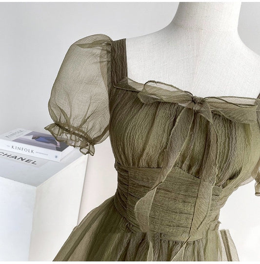 French Smoke Grey Green Square Neck Tea Break Skirt