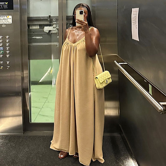 V-neck Loose Slip Dress Solid-color Maxi Dress