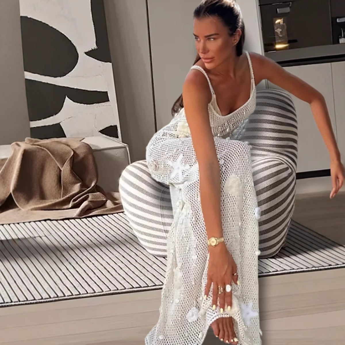 Womens Simple Sexy Lace Sheer Mesh Dress