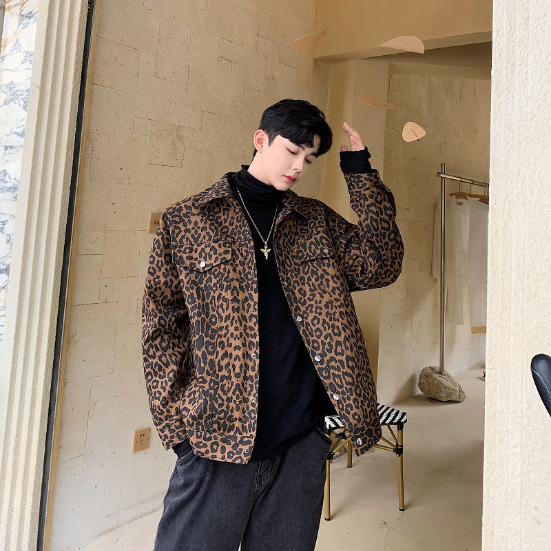 Tykkere fleecejakke med leopardprint til mænd, plysset indvendigt