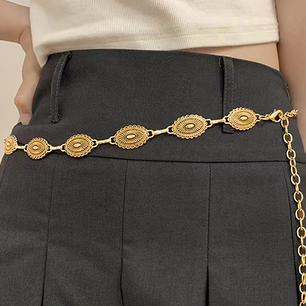 Retro National Style Carved Ancient Gold And Silver Metal Waist Chain Sexy Elegant Women's Dress Senior Sense Decorative Belt