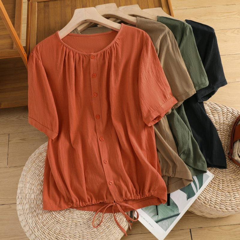 Womens Retro Drawstring Swing Sand-Washed Linen Top With A Crew Neck